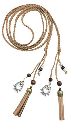 Exotische Damen Mädchen Gürtel Bauchkette mit Quaste und Holzperlen 150cm Lang Geflochtene Waist Belt khaki