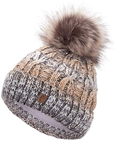 Faera Wintermütze Mütze Damen gefüttert mit Pailletten Bommelmütze Fleecefutter Winter Strickmütze Beanie-Mütze, Farbe:Beige