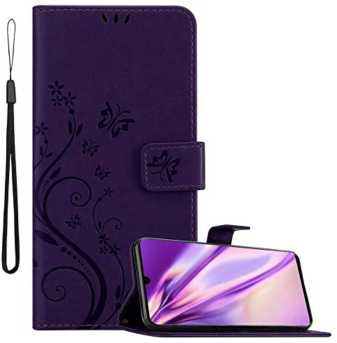 Cadorabo Hülle kompatibel mit Huawei P30 Blumen Design aus Premium Kunst Leder Flip Klappbare Stoßfeste Magnetische [Standfunktion] [Kartenfächern] Cover Hülle für Huawei P30 Tasche in Lila