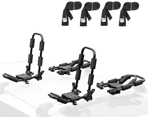 Leader Accessories Zusammenklappbarer Kajakträger, 4 Stück/Set, J-Dachgepäckträger für Kanu, Surfbrett, SUP auf Dach, Befestigung auf SUV, Auto und LKW, Querstange mit 4 Spanngurten