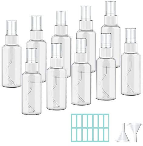 Qoosea 10*50ML Flacon Vaporisateur, Bouteille de Spray Vide Pulvérisateurs Atomiseur, Plastique Transparent Réutilisables Bouteille de Voyage Vide De Poche avec 2 x entonnoirs et 1 x étiquette (50ml)