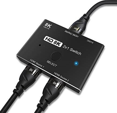 Angusplay HDMI Switch 2.1 8K Switcher Splitter 2 In 1 Out Manueller HDMI Umschalter Unterstützt 4K@120Hz, 8K@60Hz, 48Gbit/s für PS5, Xbox, HDTV usw