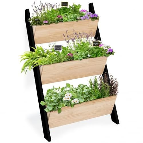 IDMarket – Jardinera escalera Freddy 110 CM 3 contenedores madera y negro huerto para jardín y balcón