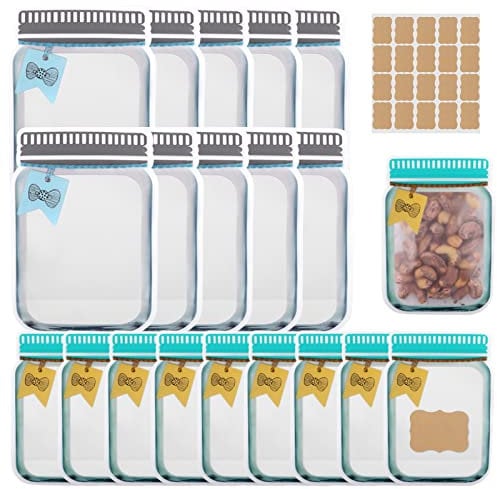 Spice Storage Bags - Tikplus 20PCS Reusable Food Bags, 2 Sizes Plastic Mason Jar Pouches 20pcs Lables, Leakproof Ziplock Seal Bag for Herb, Snack Container