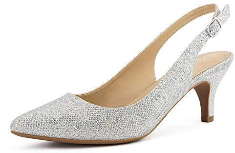 Greatonu Spitz Sandalen Slingback Kitten Absatz Pointed Toe Silver-T Glitzer Größe 39EU