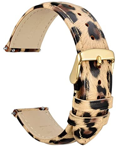 WOCCI 18mm Blumen Uhrenarmband für Damen, Echtes Leder, Schnellverschluss, Goldener Schnalle (Leopard)