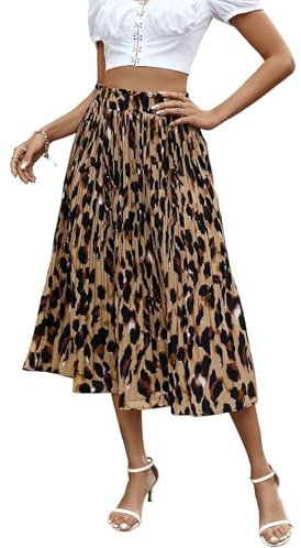 Parabler Rock Midi Damen Chiffon Sommerrock Elegante Blumenrock Polka Dot Lang Rock Elastische Taille Flatenrock Strandrock mit Taschen Leoparden XL