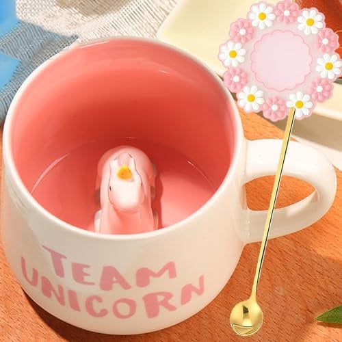 Arawat Einhorn Tasse 3D Tier Tassen mit Einhorn Figur Innen 350 ml Einhorn Mug mit Löffel Einhorn Geschenk Cute Kaffee Tee Becher Geschenke Einhorn Cup Geburtstagsgeschenk für Freundin Frauen