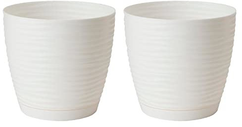 AC - Pack de 2 Macetas Redonda de 19 cm con Plato Discreto, Diseño Sahara, Fabricado en España, jardín Exterior, terraza o balcón, Color Blanco