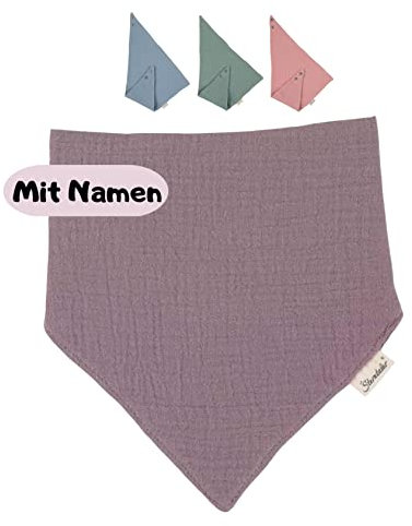 Sterntaler Baby Musselin Halstuch mit Name | BIO Baumwolle | Sterntaler personalisiert Dreieckstuch | 0-4 Jahre | Druckknopf | Babygeschenk Geschenk Geburt (Musselin Lila)