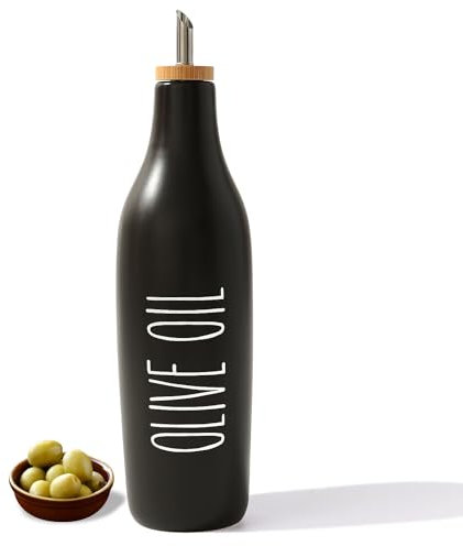 HOMCDALY Ceramic Olive Oil Dispenser for Kitchen, Stoneware 16oz Oil Cruet and Vinegar Bottles Dispenser, Kitchen Dispenser Bottle for EVOO Vinegar Syrups, Modern Farmhouse Design(B-O)