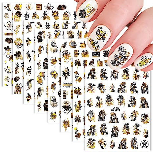 Stickers 3D Ongles Or Noir - 8 Feuilles Autocollants Autoadhésifs pour Nail Art - Décoration pour Filles, Femmes et Adeptes