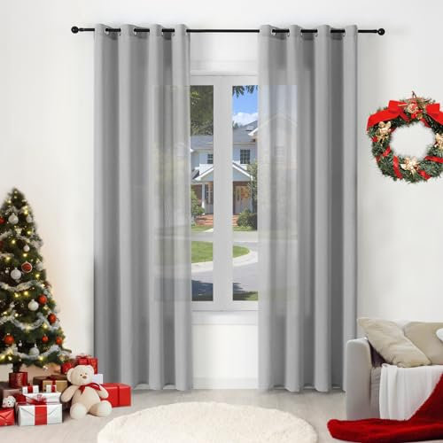 WOLTU Gardinen mit Ösen Leinenoptik Vorhang Grau Halbtransparent Voile Leinenvorhänge 2er Set H 245 x B 135 cm Stores Fenstergardinen Ösenschal Modern für Wohnzimmer Schlafzimmer