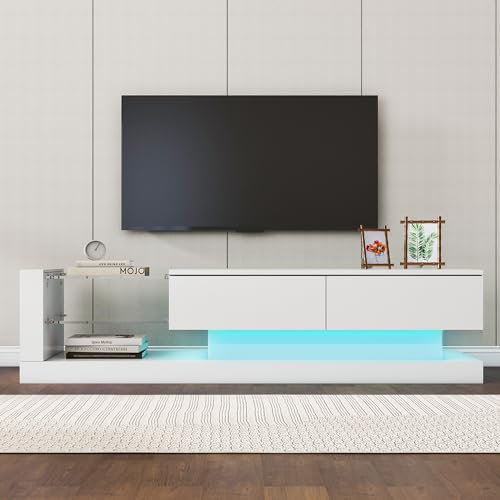 soges TV-Schrank für Entertainment-Center, Lowboard für Fernseher 60 Zoll, Fernsehtisch TV-Ständer mit LED-Lichtern, TV-Bank Weiß mit Fächern für Wohnzimmer, Schlafzimmer 140 x 38 x 38 cm