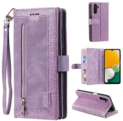 EYZUTAK Coque pour Samsung Galaxy A35 5G, Etui à Rabat en Cuir Fermeture à Glissière Magnétique Portefeuille avec 9 Emplacements pour Cartes Fonction Stand Etui en Cuir Mat Rétro - Flash Violet