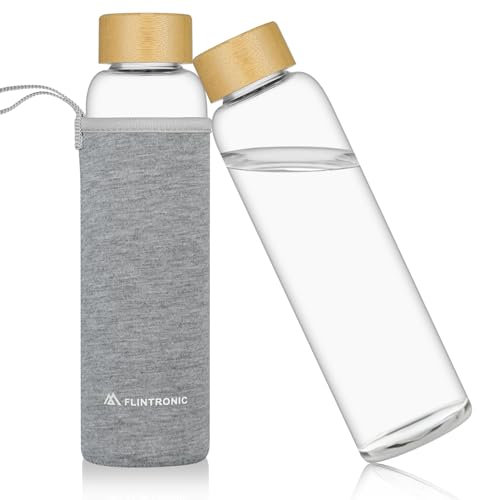 flintronic Glass Water Bottle, 550ml Borosilicate Water Bottle for Hot Cold Drinks, Leak Proof Glass Bottle with Protective Sleeves, Bamboo Lid Drink Bottle for Home Travel Sport (BPA-Free)