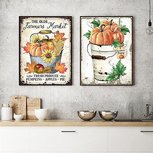 GLWDMB Farmers Market Herbst-Kürbisblätter-Poster, Vintage-Stil, rustikales Metallschild des Herbstes, Leinwandgemälde, Landhaus-Stil, Dekoration, ungerahmt, 2 Stücke
