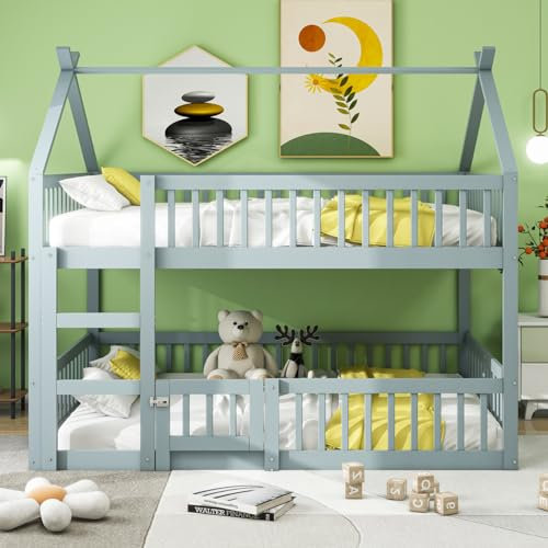 Etagenbett für 2 Kinder, 140x200 cm Kinderbett Bodenbett Hausbett mit Rausfallschutz und Lattenrost,Vollschutzgitter und Türen,Massivholz Doppelbett Stockbett Gitterbett Jugendbett,Ohne Matratze,Grau