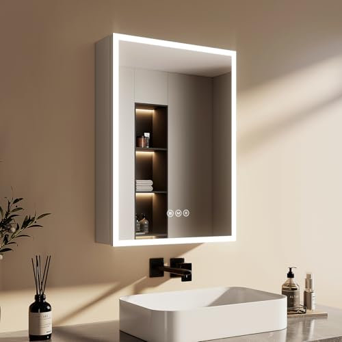 EMKE Spiegelschrank Bad mit Beleuchtung, 50x70x14,5 cm, Antibeschlag, 3 Lichtfarbe dimmbar, Steckdose, Glasablage, Speicherfunktion, Silberner Doppelspiegel Spiegelschrank, Acryl-Leuchtmaterial