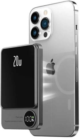 Portable Power Bank 10000mAh - Magnetic, Wireless, Fast Charging Compatible with Iphone, Samsung, including any Qi wireless-enabled device, Smart Charging with Real-Time Display (Grey)