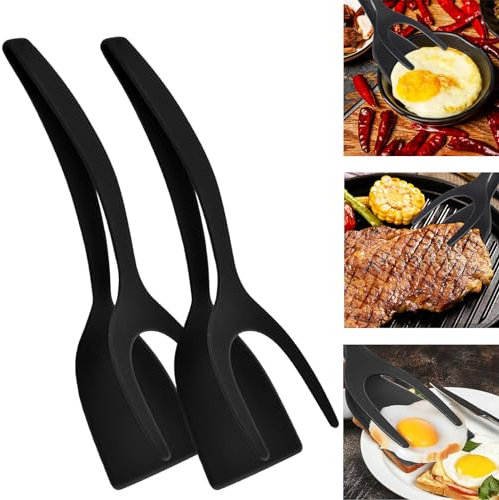 2-in-1 Spatula and Tongs, Upgrade Easy Egg Flipper, Pack of 2 Silicone Egg Spatulas, Fried Egg Spatula, Silicone Bread Tongs, Versatile Kitchen Spatula for Gripping and Turning, Steak Pancakes, Pizza