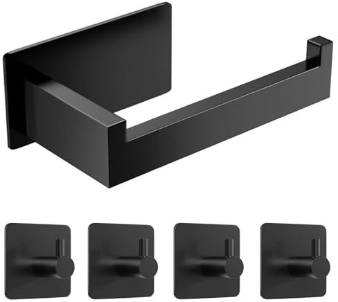 Siblaies Portarotolo per carta igienica senza foratura, autoadesivo, porta rotolo di carta igienica in acciaio inox, con 4 ganci per asciugamani per cucina, bagno, colore nero