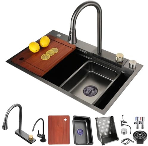 DSMRLEOP Fregadero de cocina de acero inoxidable negro, 75x50cm estación de trabajo multifuncional con grifo de cascada extraíble, lavavajillas de alta presión, sifón con cesta de drenaje
