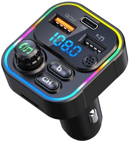 PRMHOOT Bluetooth 5.3 Adapter Auto, 20W Auto Radio FM Transmitter QC 3.0 KFZ Wireless Bluetooth 5.3 Freisprecheinrichtung, Unterstützung TF-Karte & USB-Stick