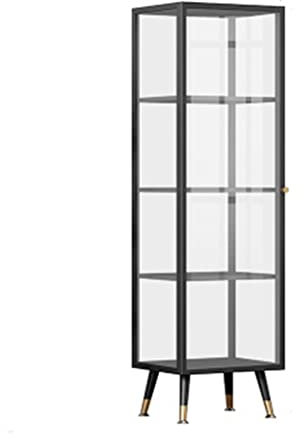IUBGFTO Eckschrank mit Glastür und rundem Griff, freistehender Schrank aus Eisen für Badezimmer oder Wohnzimmer (schwarz, 4 Ebenen)
