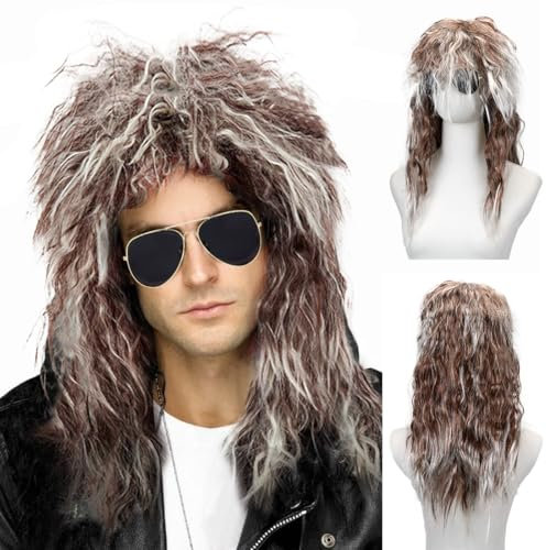 Perücke herren,Rocker Perücke，80er 90er Jahre perücke herren mit Sonnenbrille，Rocker punker Disco perücke für Karneval, Fasching, Cosplay Halloween Party（Weiß Braun）