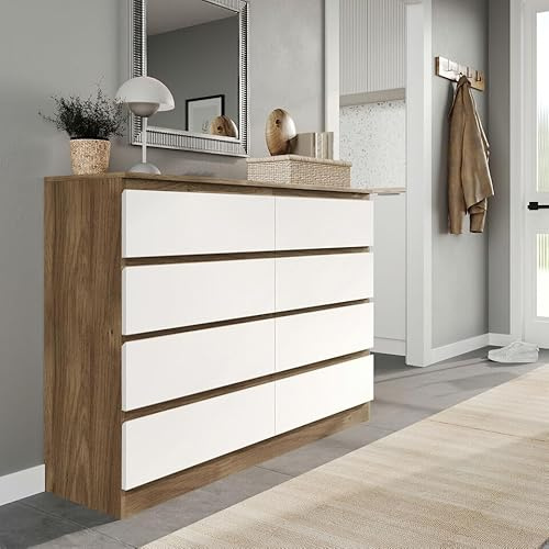 URBNLIVING Modern Oak Wooden Chest with White 8 Drawers for Bedroom Office Storage Versatile Bedside Table Stylish Cabinet for Organizing Clothes Accessories Work Place Supplies and Personal Items