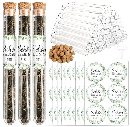 BOFUNX Schön dass du da bist Gastgeschenke 50pcs Reagenzgläser mit Korken und Aufkleber zur Hochzeitsgeschenk Gastgeschenk für Hochzeit Taufe Kommunion Konfirmation Geburtstag