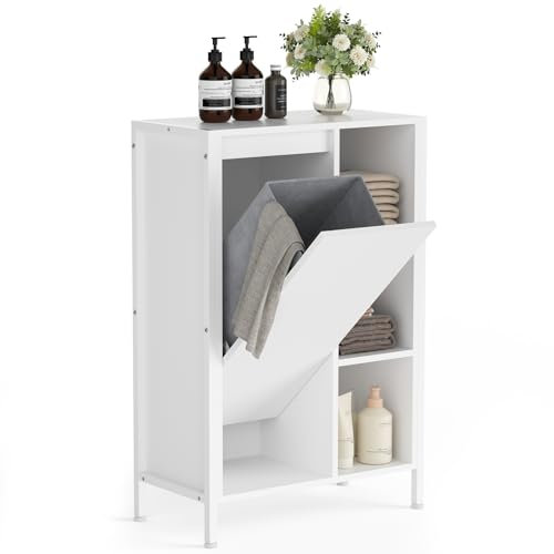 Warmiehomy White Bathroom Cabinet with Laundry Basket Bathroom Storage Unit Bathroom Storage Cabinet, 60cm x 30cm x 90cm