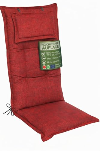 Waidmeister Hochlehner Auflage Premium 120x50 cm mit Kopfpolster - Kettex Luxus Garten-Stuhlauflage mit 8 cm Polsterung (4, Rot)