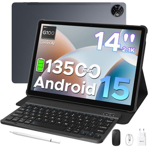 DOOGEE Tab E3 Max Tablette 14 Pouces,AI Tablette Android 15 Batterie 13500mAh,MTK G100 Octa-Core,32GB+256GB/TF 2TB,Tablette avec Clavier 2.1K (2160 * 1440) Écran,16MP+8MP/4G LTE/5G WLAN/GPS/GMS, Gris