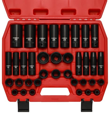 CASOMAN 36-teiliges Steckschlüssel-Set, 1,27 cm (1/2 Zoll), metrisch, tief und flach, 6-kant, CR-V, für Autoreparatur, mit tragbarem Koffer, robuste Konstruktion
