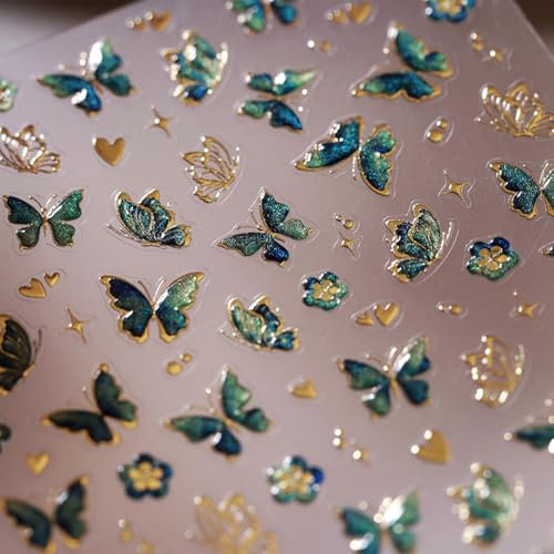JMEOWIO 3D Farfalla Verde Oro Adesivi Unghie Nail Art, Stickers Unghie Autoadesivi 5D Decorazioni Unghie Nail Art Disegni 1 Fogli