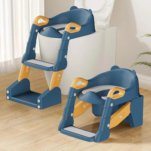 2 IN 1 Toilettensitz Kinder, Toilettensitz Kinder mit Treppe für Jungen Mädchen Baby, Upgraded 2-in-1 Kinder WC Sitz mit Treppe mit Urinal und Spritzschutz (Blue Yellow)