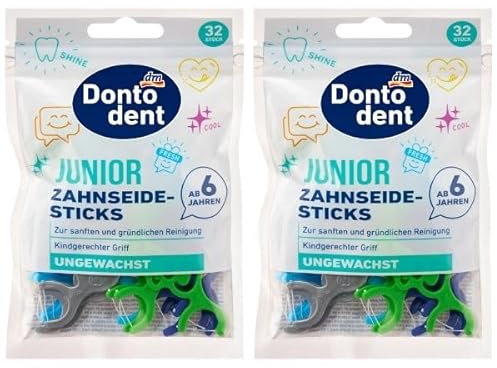 Dontodent Junior Zahnseidesticks, Kindgerechte Zahnseide mit Tiergriff, Für Kinder 64 stück