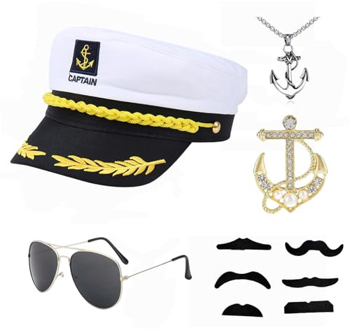 ZhongShuang 11 Stück Yacht Kapitän Hut Kostüm Set,Lustiger Hut FürVerstellbare Mütze,Für Erwachsene,FrauenMänner, Karneval, Mottoparty Cosplay