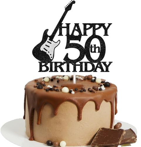 VGRDTM 50th Birthday Cake Topper, 50 Cake Topper, Happy 50th Birthday Cake Toppers, Black Guitar Music Theme Cake Decoration for Party Supplies