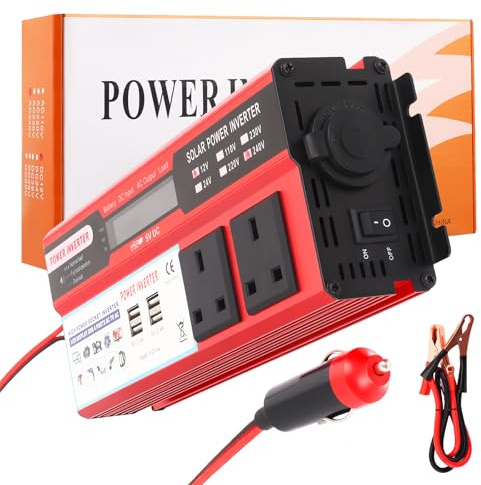Power Inverter 2000W, DC 12V/24V to AC 240V/220V/110V Car Inverter with Dual UK Sockets & USB Ports, Modified Sine Wave Converter for Caravan, Camping, RV, Dewalt/Makita 18V Battery Power Supply