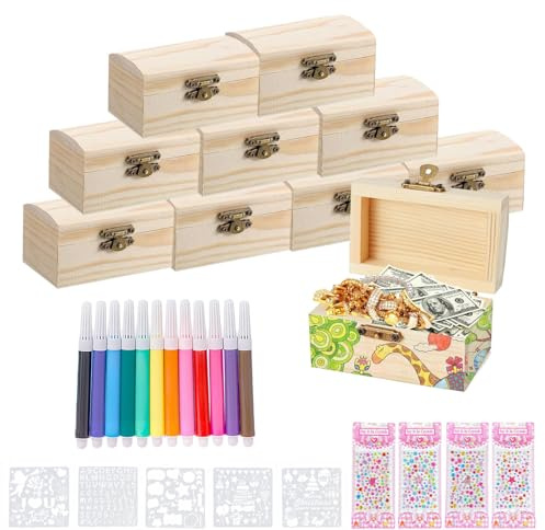 10 Stück Mini Schatztruhe mit Deckel, Schatzkiste Holz DIY, Holzschachtel zum Bemalen, Schatztruhe kindergeburtstag mit Diamantaufkleber und Malvorlagen, für Kindergeburtstag/Handwerkliche Aktivitäten