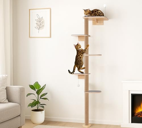 210cm Cat Wall Tree, 5 Tier Scratching Post with Non-Slip Felt Platform | 210cm tall cat wall tree, 5 tier design, non-slip felt platforms, wall mounted structure, ideal for indoor climbing