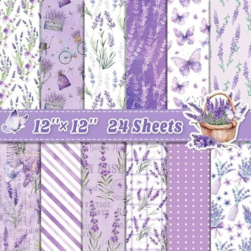Lilbitty 24 Fogli Carta Scrapbook Lavanda 30×30 cm, Carta Decorativa a Doppia Faccia con Motivo Floreale Viola e Farfalle, Cartoncino per Creazioni Fai da Te e Scrapbook