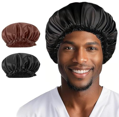 ARYIMYDP 2 Pezzi Cuffia di Seta per la Notte Capelli Ricci Uomo, Cuffia per Dormire con Orlo Ajustable, Ideale per Treccine Capelli Afro e Ricci(Nero & Caffè)