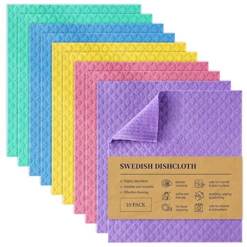 Fantasyon 10 Pack Reusable Cleaning Cloths | Swedish Dishcloth - 100% Biodegradable Washable Dish Cloths, Food-Safe & Plastic-Free Kitchen Cloth Suitable for Any Surface, Multi Colors
