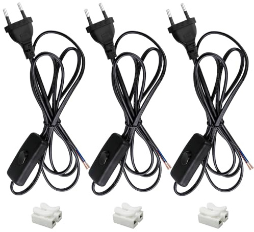 3 Stück Euro Netzkabel mit Schalter Anschlusskabel mit Stecker Schwarz | 3M Kabel mit Schalter und Stecker, 2 x 0,5 mm², 2 Adern Lampenkabel mit Schalter für Lampen, Tischlampen, Stehlampen