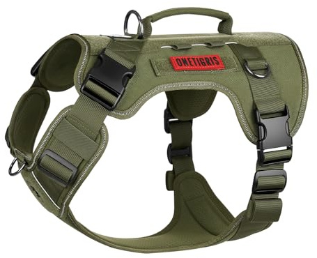 OneTigris hundsele medelstora hundar, TACTILITE taktisk hållbar anti-dragsele, No Pull justerbar bröstsele med 4 D-ringar, reflekterande ränder grön M
