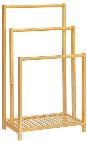 HOOBRO 3-stufige Handtuchleiter, Handtuchständer aus Bambus, Handtuchhalter mit Ablage, 3 Stangen, gestuftes Ausstellungs- und Lagerregal, Deckenhalter für Schlafzimmer, Badezimmer, Natur EYL03LB01G1
